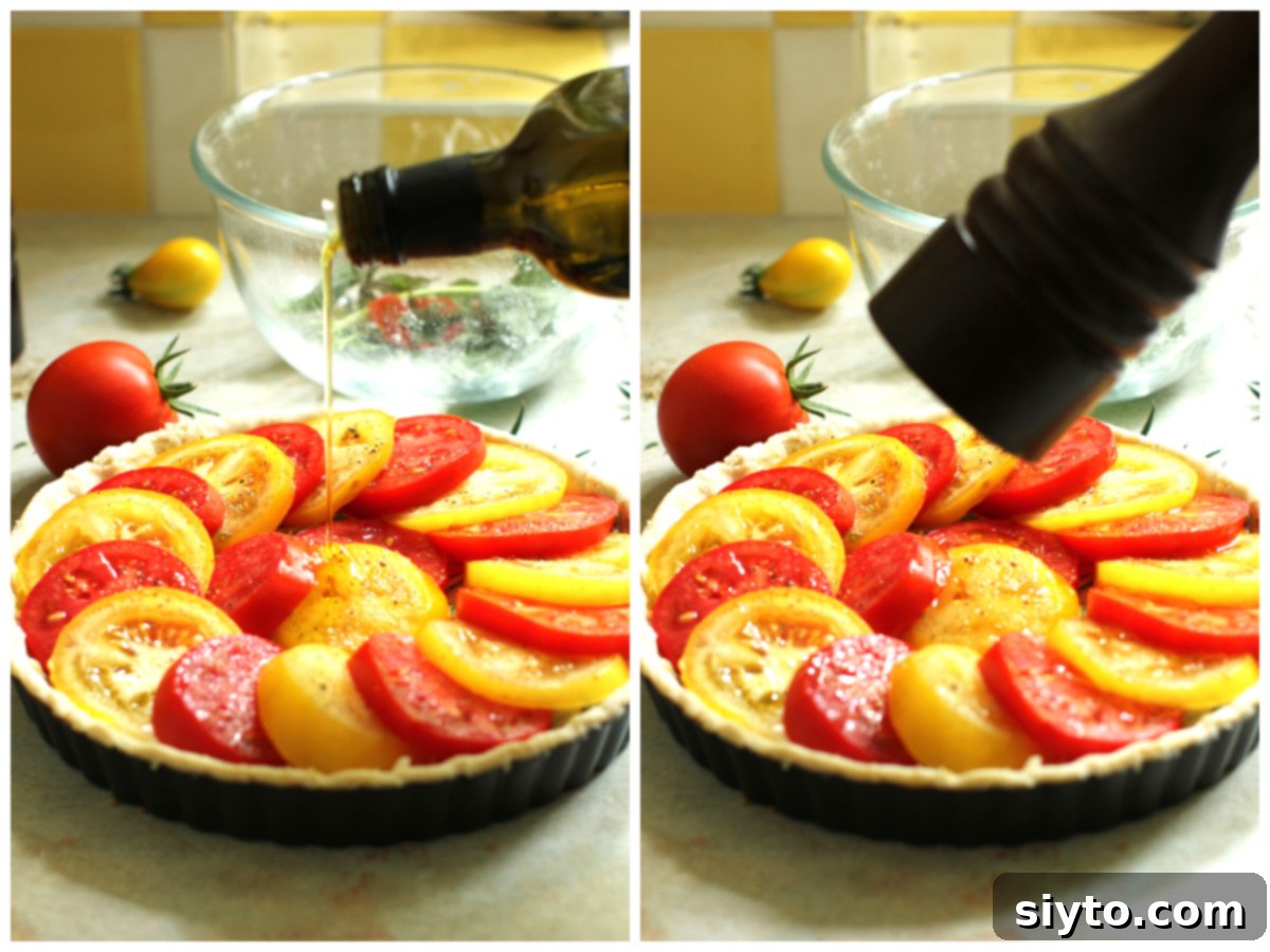Rustic Tomato Tart 12 Two-photo collage: Left shows drizzling olive oil over the tomato tart; right shows sprinkling salt and freshly ground pepper on top.