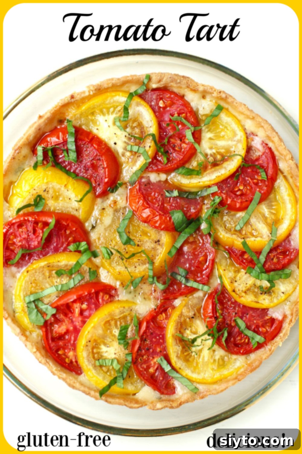 Rustic Tomato Tart 15 Tomato Tart Banner with a top-down view of the whole pie, garnished with fresh basil.