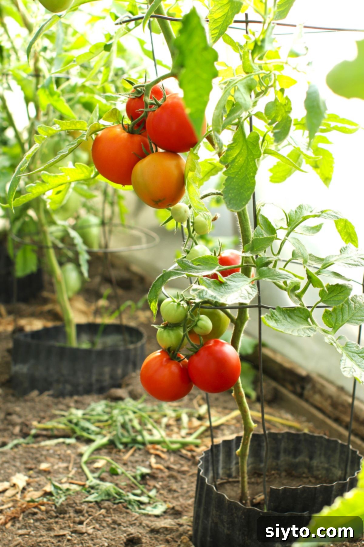 Rustic Tomato Tart 3 Clusters of tomatoes, vibrant and green, beginning to ripen on their vines inside a greenhouse, promising a bountiful harvest.