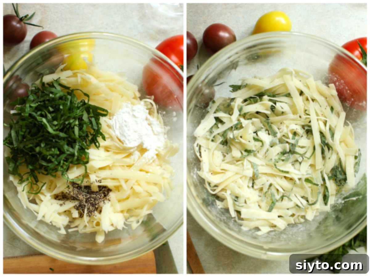 Rustic Tomato Tart 9 Two-photo collage: Left shows shredded cheese, basil, and cornstarch in a glass bowl; right shows the ingredients mixed together.