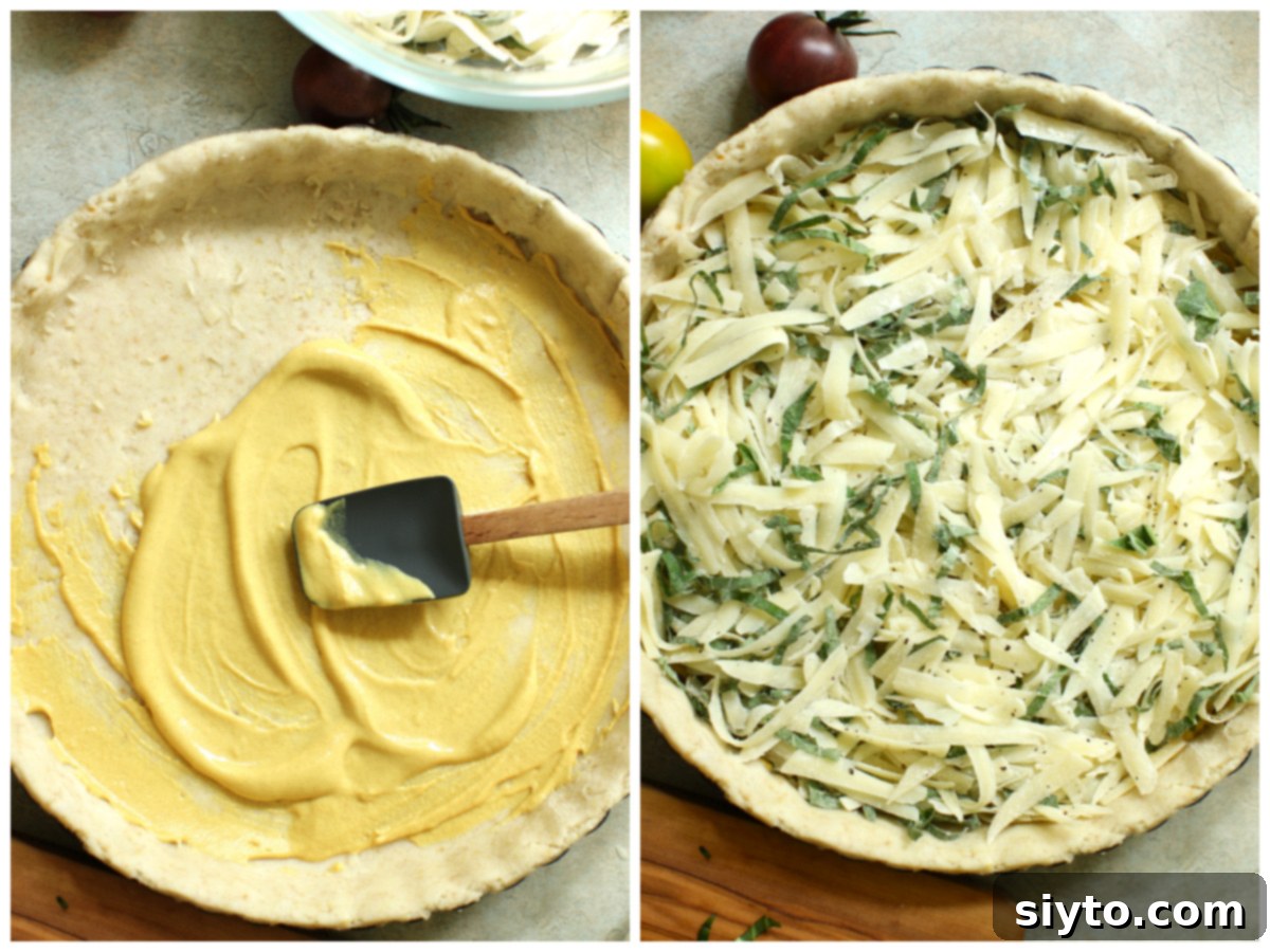 Rustic Tomato Tart 10 Two-photo collage: Left shows Dijon mustard being spread into the tart shell; right shows the cheese mixture being added on top.