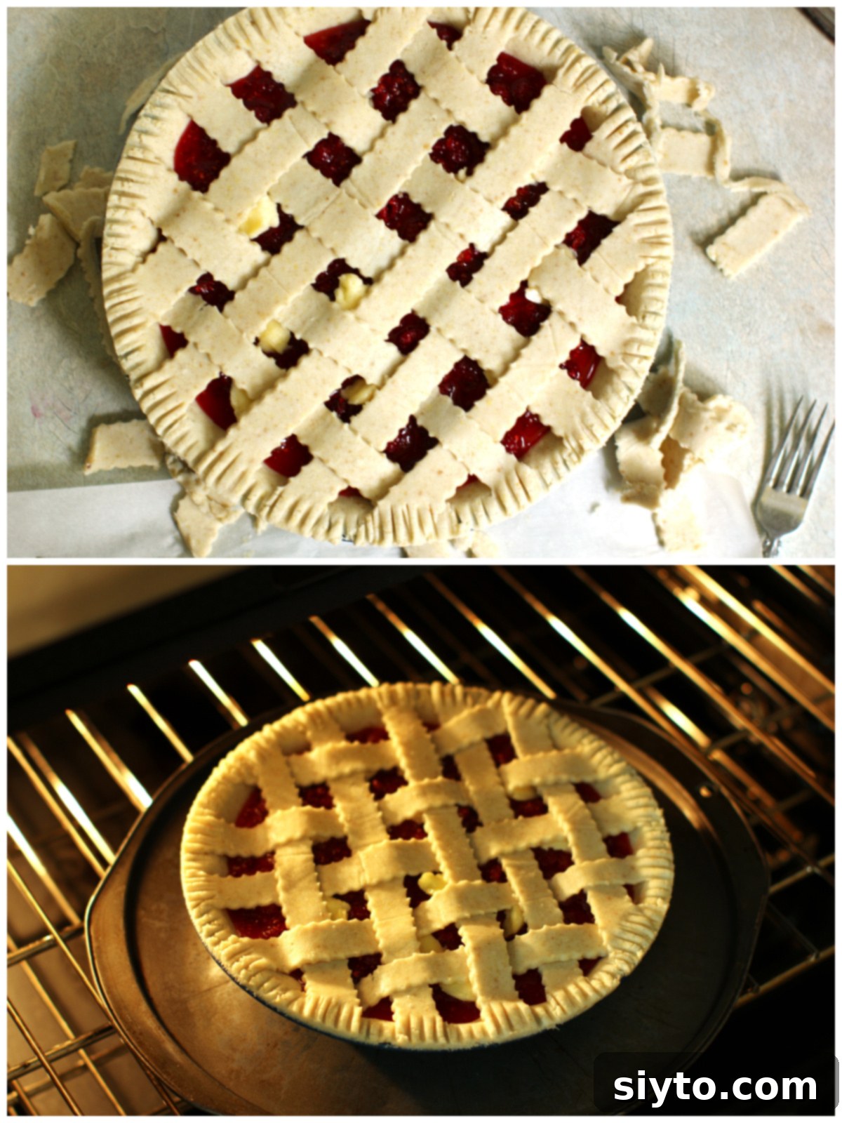 2 photo collage, top, trimming the pastry, bottom: sliding the pie into the oven on a baking sheet to catch any drips.
