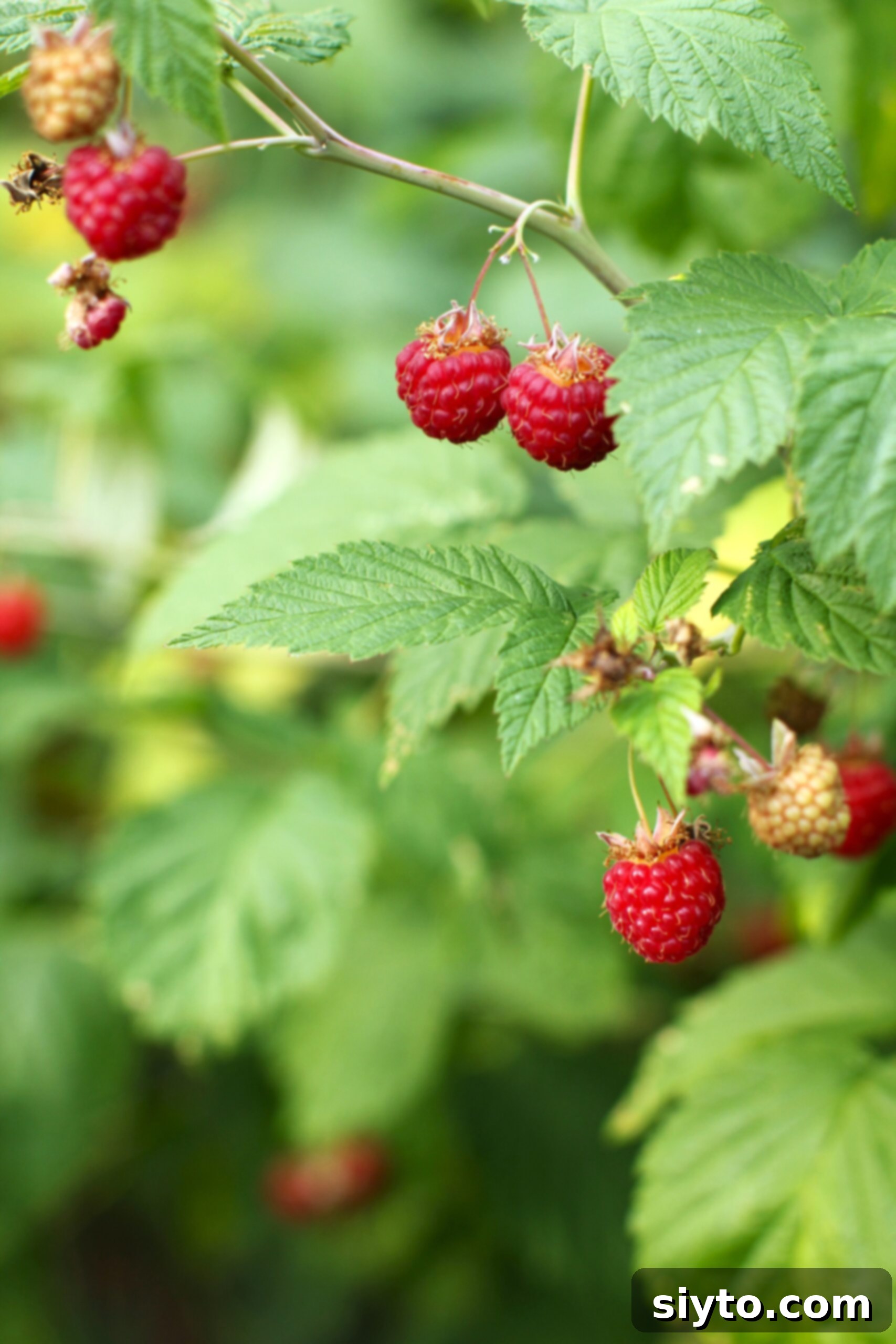 close-up of red raspberries on the bush, showing ripe berries.