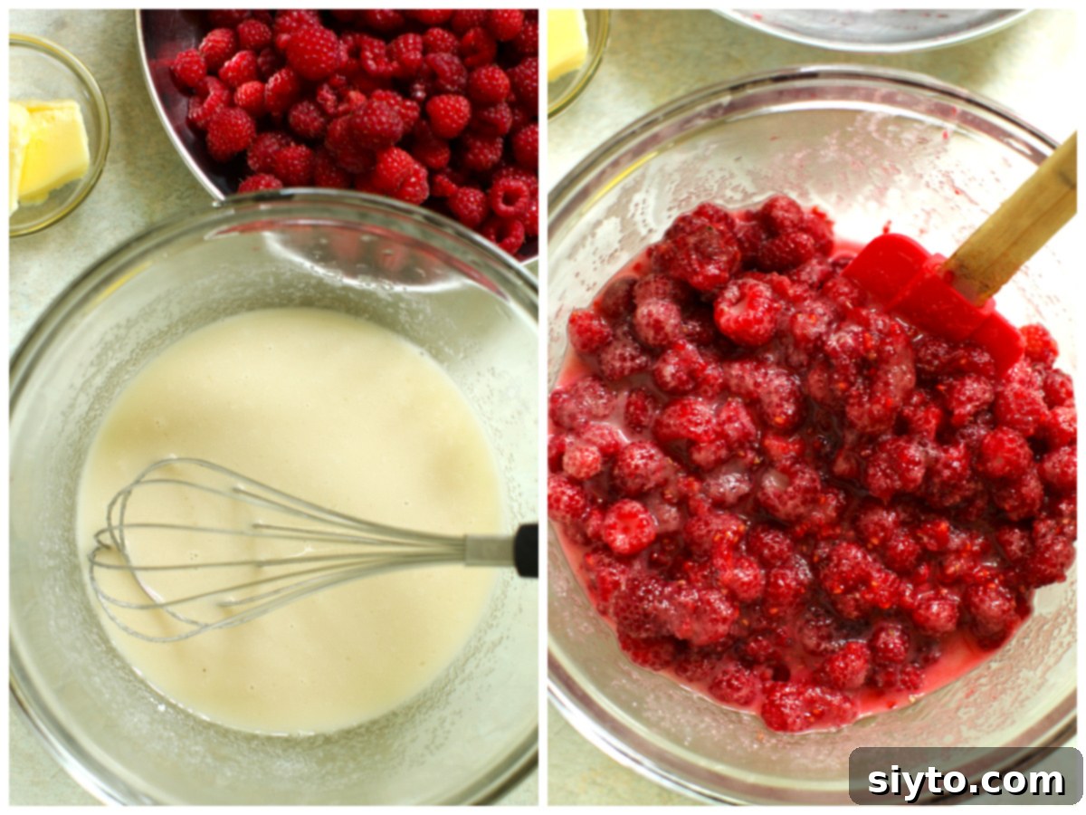 2 photo collage, left - whisking the pie filling ingredients, right - gently stirring in the fresh raspberries.