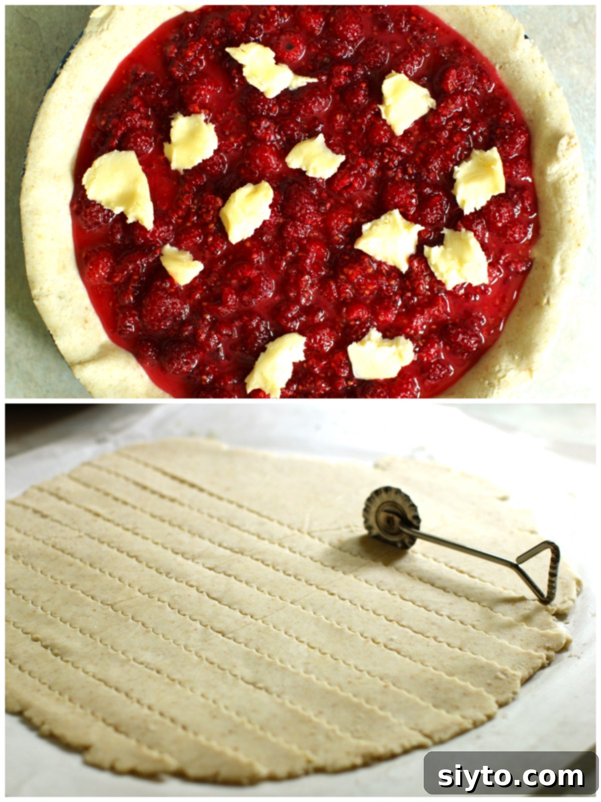2 photo collage of filling the raspberry pie shell. Top, filling in shell with butter dotted on top. Bottom: cutting pastry strips for the lattice top.
