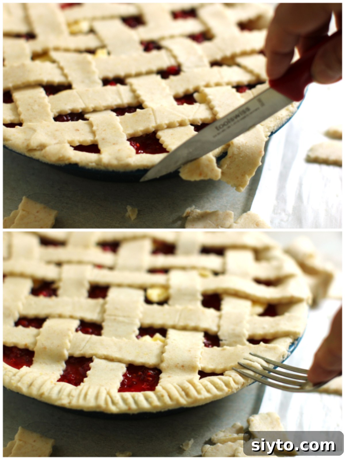 2 photo collage trimming the crust. Top, cutting off the excess pastry. Bottom, pressing down the edges with a fork to secure the crust.