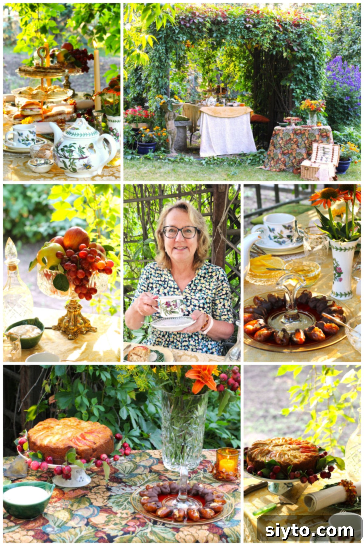 A beautiful collage featuring various enchanting vignettes from the afternoon tea in the orchard, capturing the essence of the event.