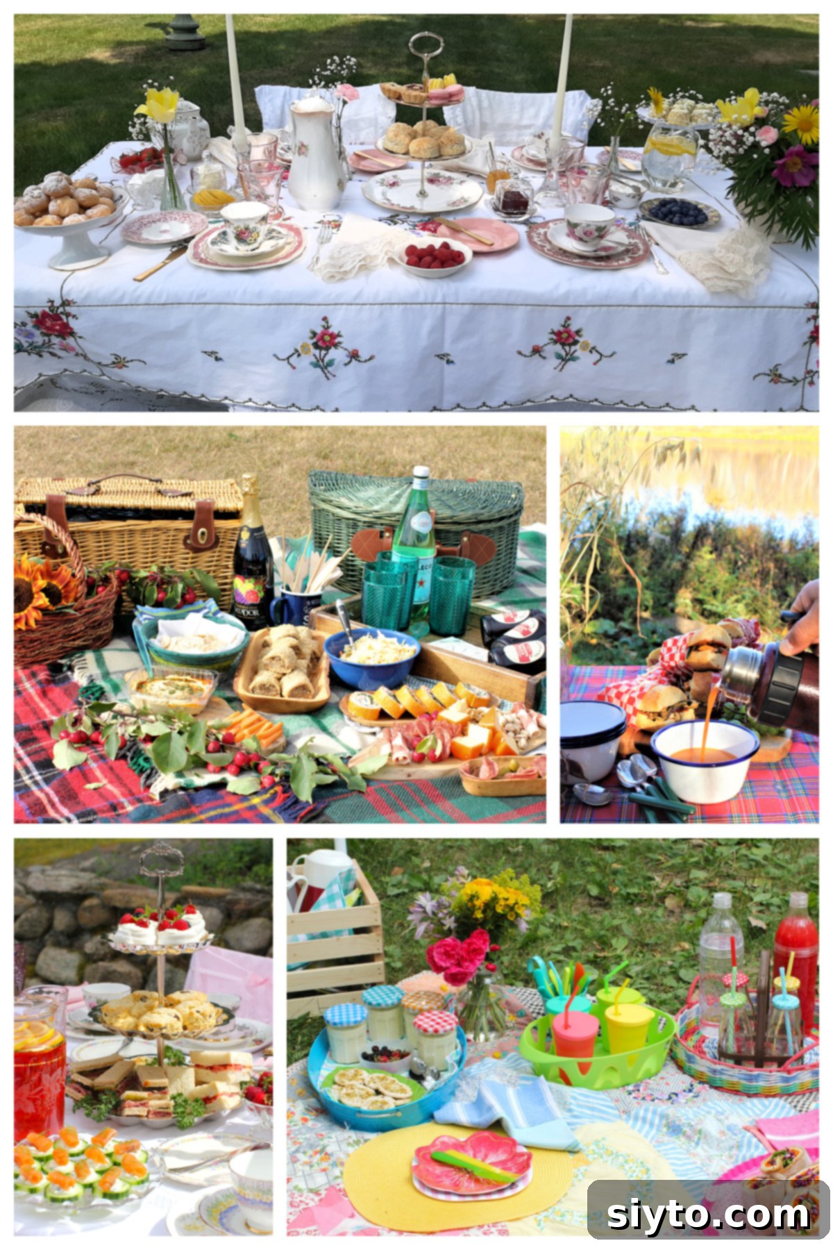 A vibrant five-photo collage showcasing a variety of different picnics and afternoon tea settings, offering diverse inspiration.