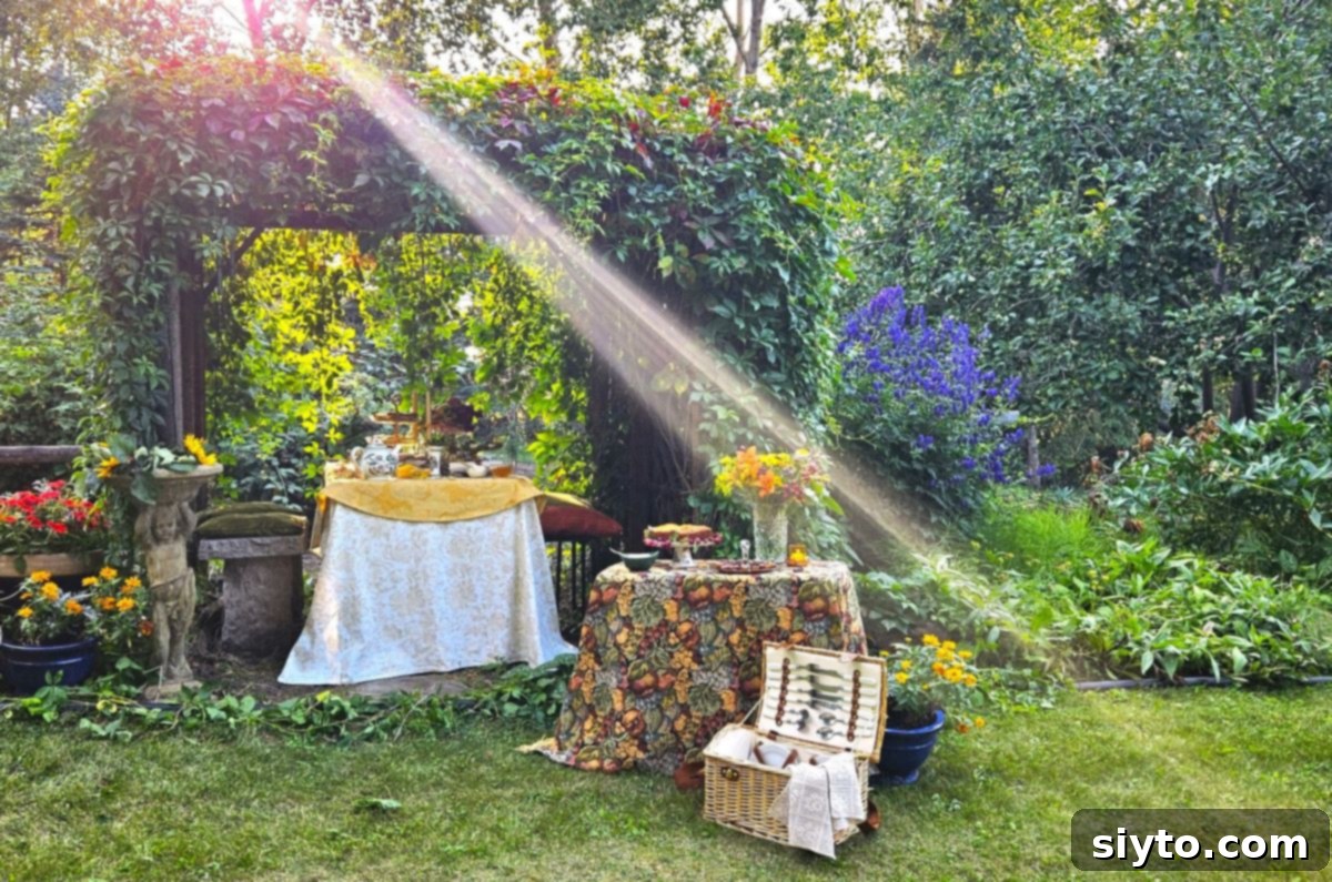 A serene stream of golden light filtering through the arbour, illuminating a beautifully set table for an afternoon tea.
