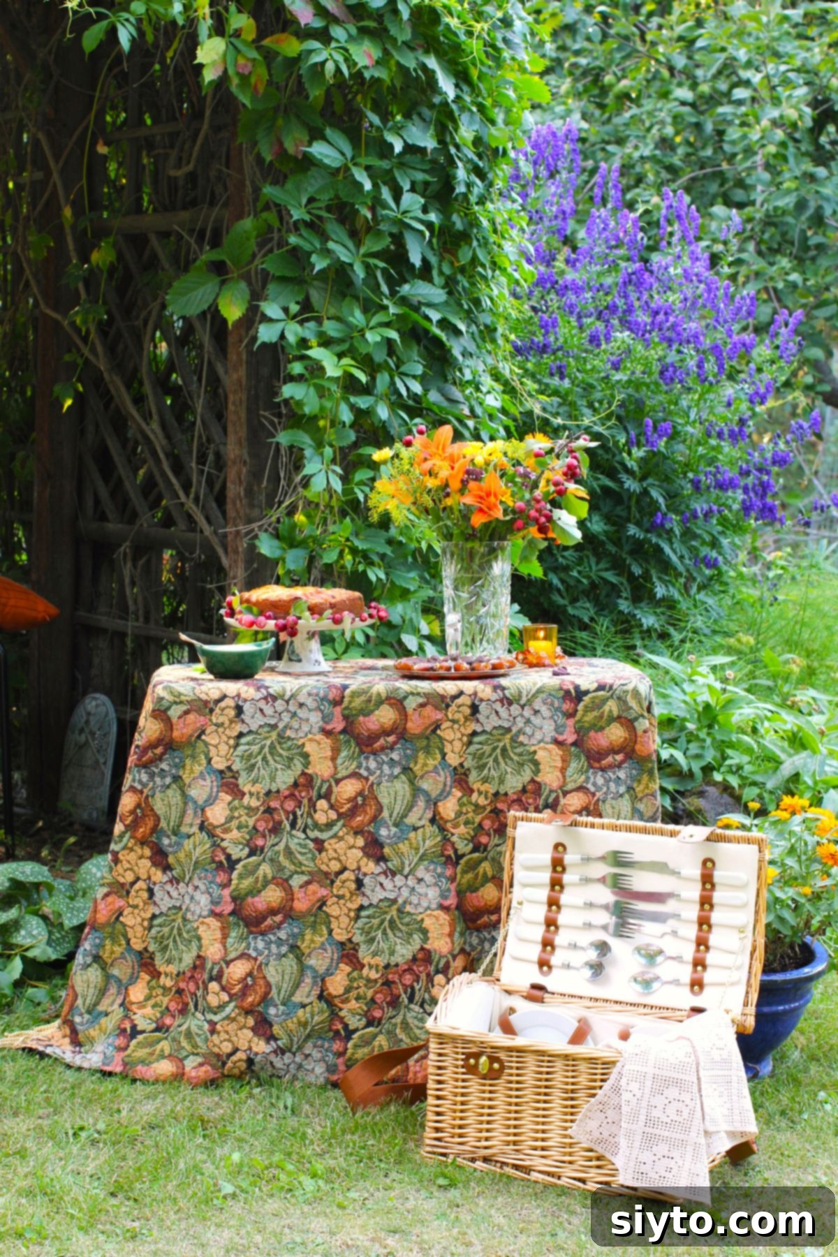 A charming side table laden with an array of delectable desserts, positioned beside the arbour with an open picnic basket in the foreground.