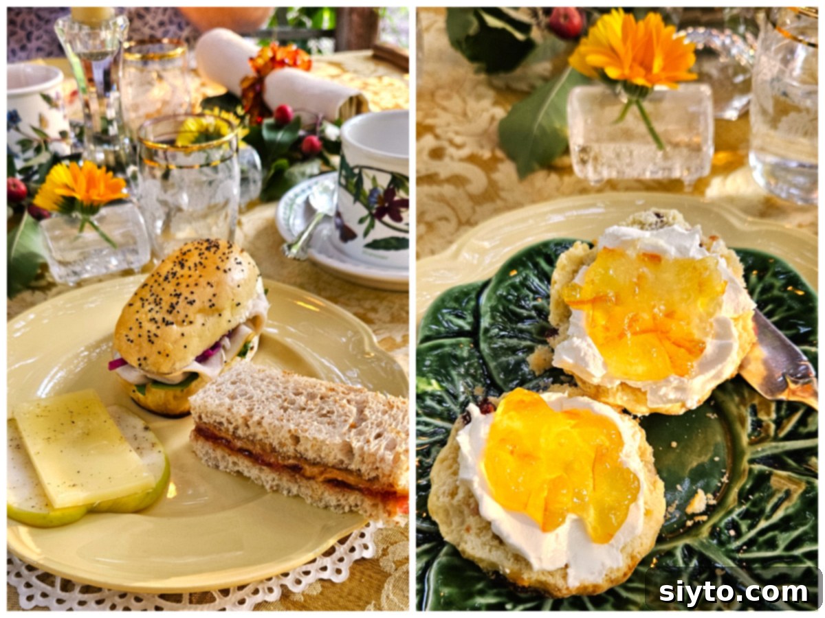 A two-photo collage featuring a vintage yellow plate with savory sandwiches and a green majolica plate with cranberry scones served with crème fraîche and orange marmalade.