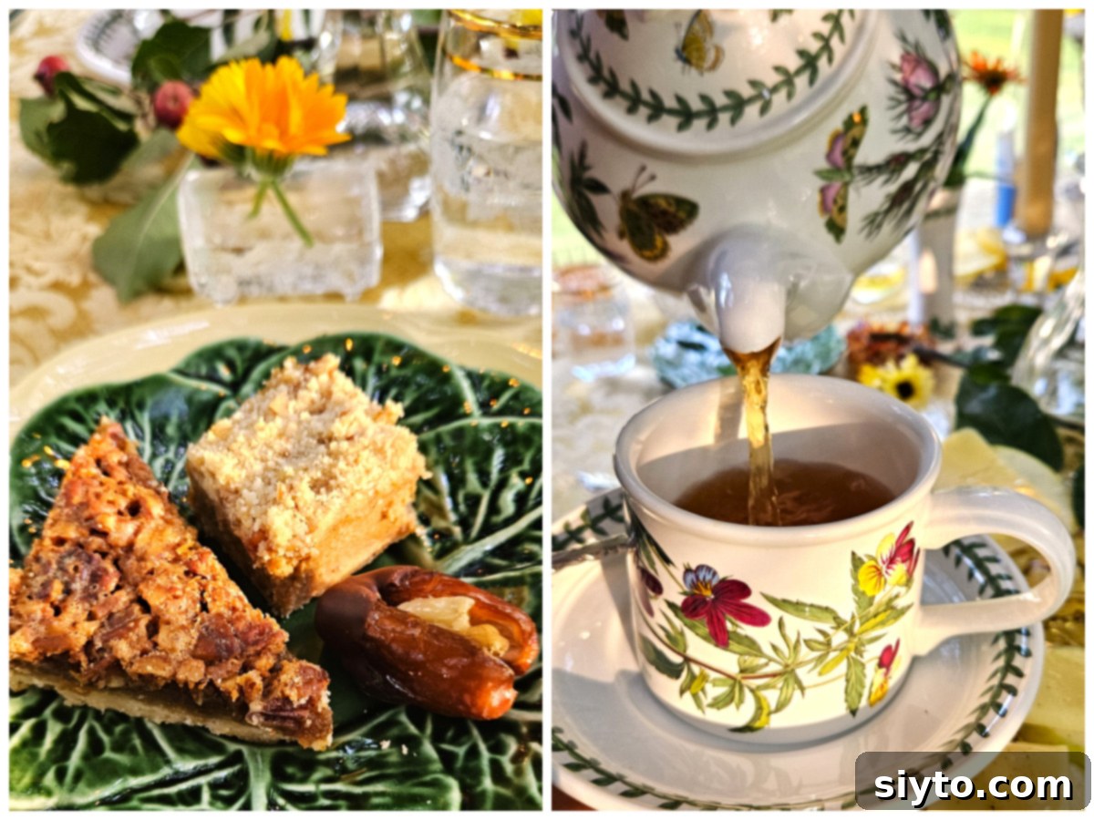 A two-photo collage: A green majolica plate featuring an assortment of desserts including Butter Pecan Bars, a Pumpkin Cheesecake Square, and a chocolate-covered stuffed date; and a close-up of tea being poured into a Portmeirion teacup.