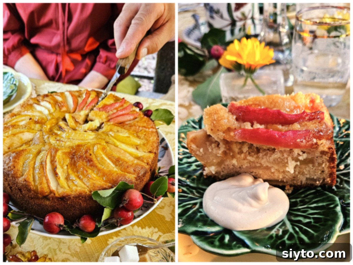 A two-photo collage depicting the cutting of a delicious apple cake and a serving of it on a green majolica plate, garnished with a dollop of cashew cream.