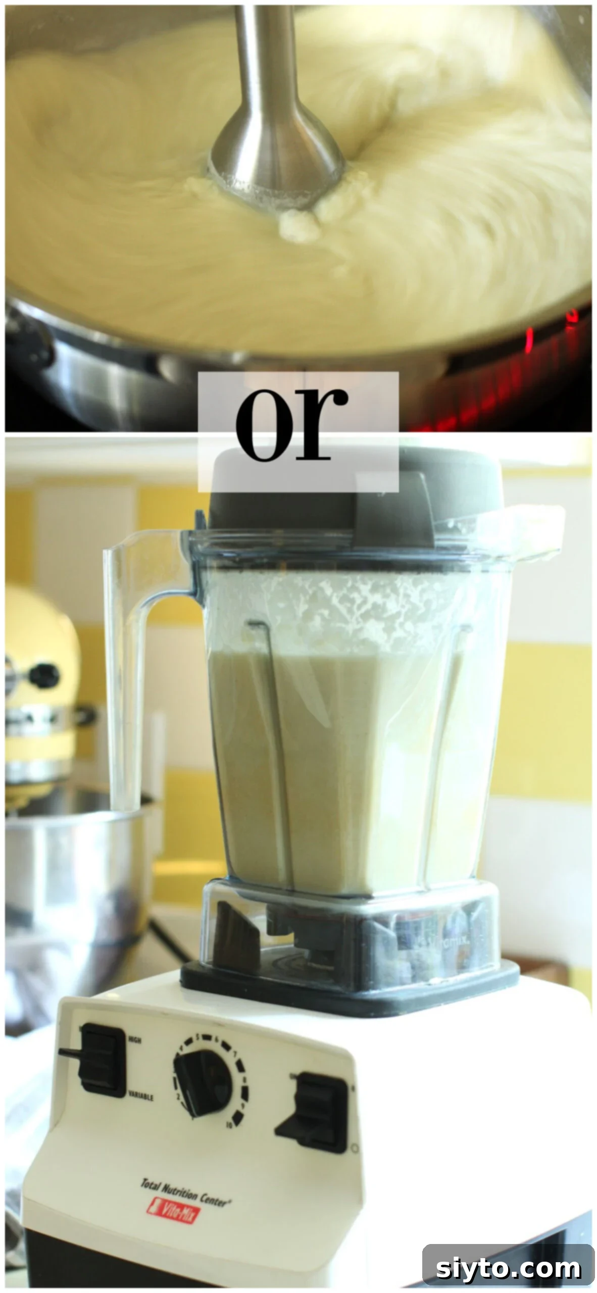 2 photo collage of pureing the soup. top, with a handheld immersion blender and bottom, in a canister blender.