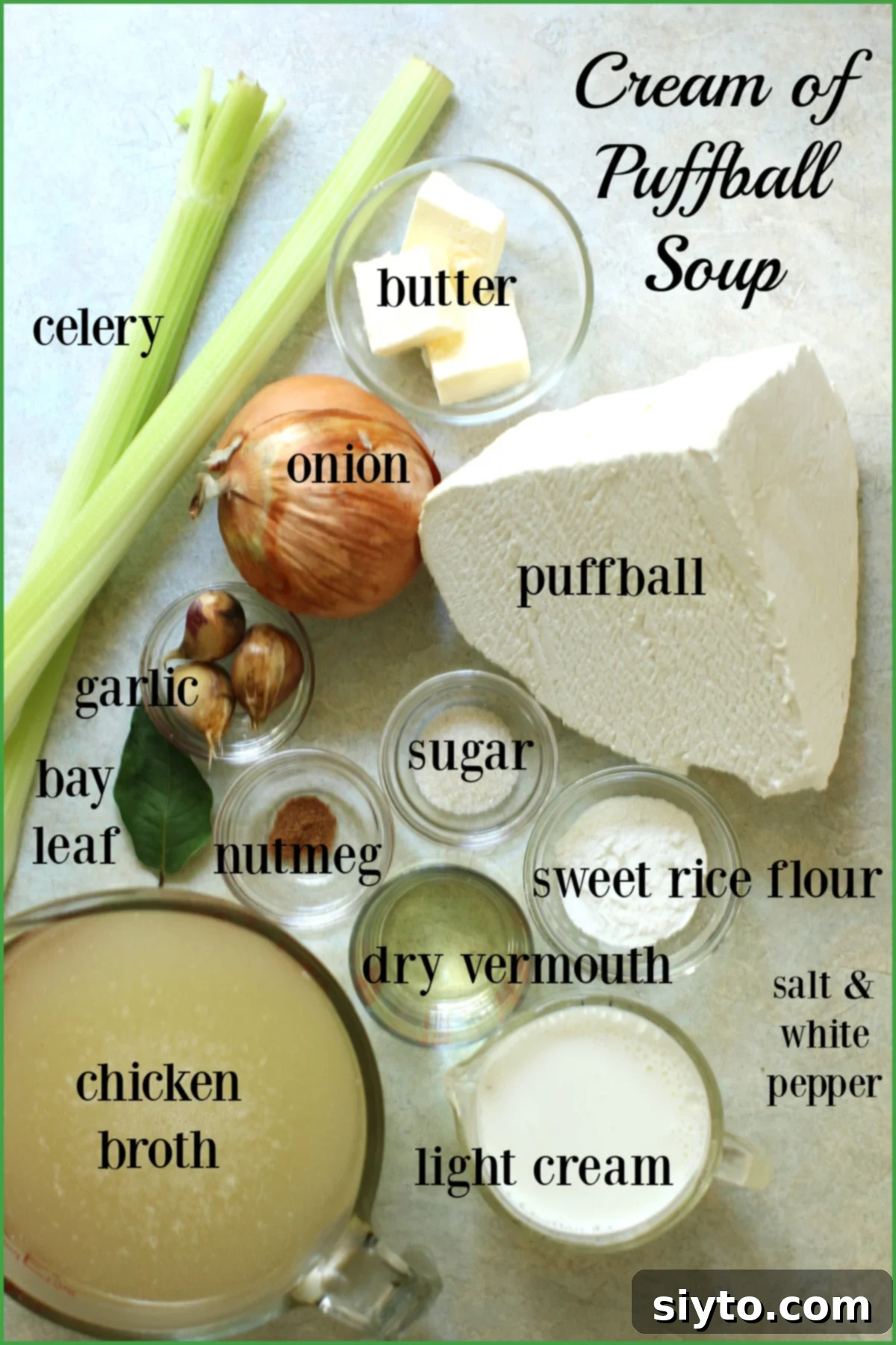 Ingredients laid out for Cream of Puffball Soup.