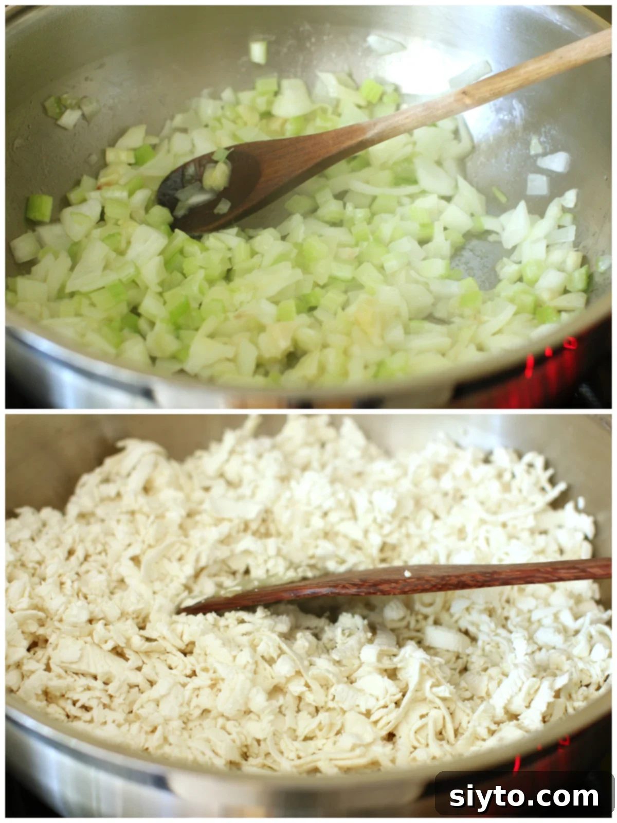 2 photo collage making puffball soup. top, sauteeing onion and celery. bottom, adding shredded puffball.