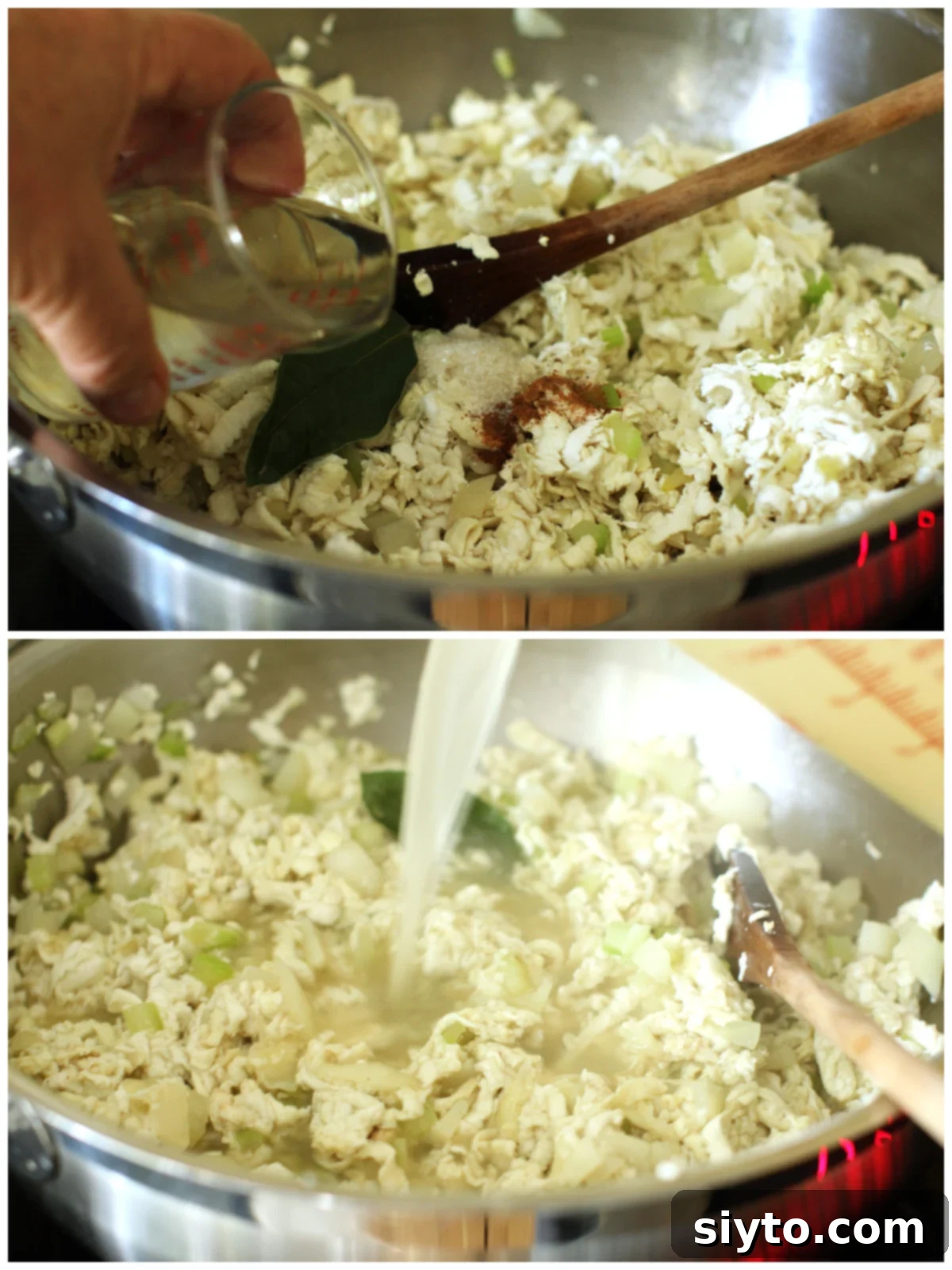 2 photo collage making puffball soup. top: add spices and bay leaf. pouring in the wine. bottom: pouring in the chicken stock.