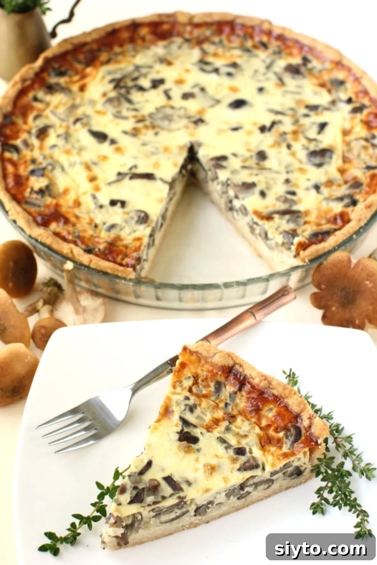 Foraged Fungi Quiche with a Gluten-Free Base 2 Wild Mushroom Quiche with a wedge cut out, in front is a white plate with the wedge on it.