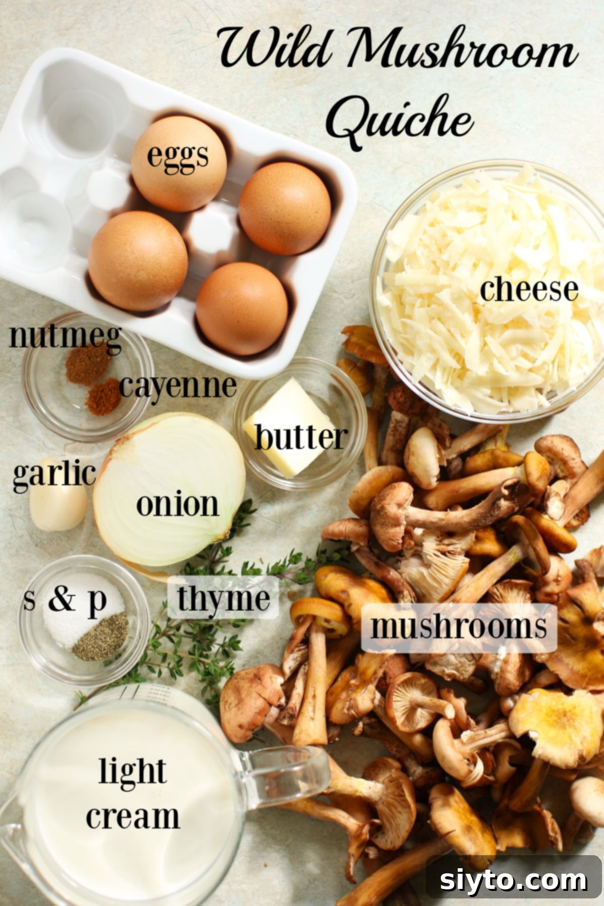 Foraged Fungi Quiche with a Gluten-Free Base 4 Labeled ingredients needed to make a wild mushroom quiche.