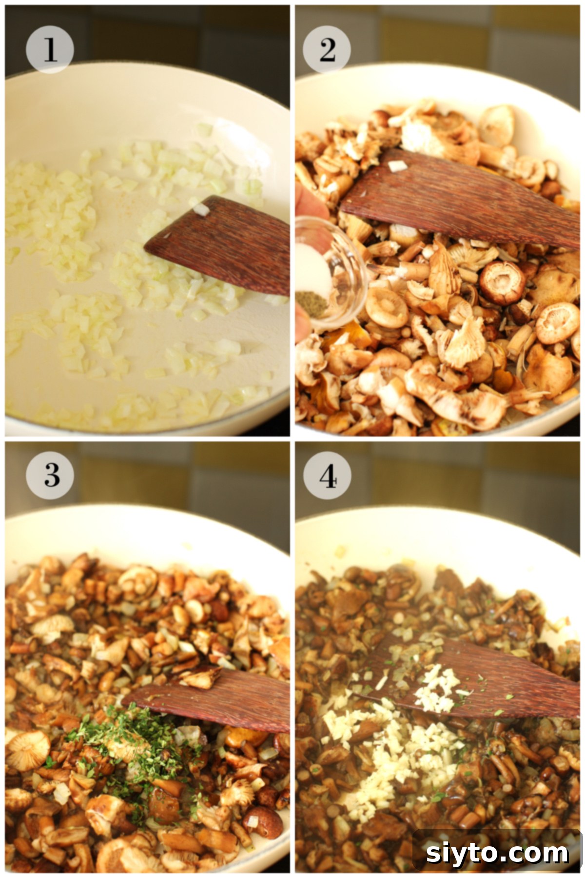 Foraged Fungi Quiche with a Gluten-Free Base 6 4 photo collage cooking mushrooms. 1- sauteeing onions, 2 - adding mushrooms, 3 - adding thyme, 4 - adding garlic.