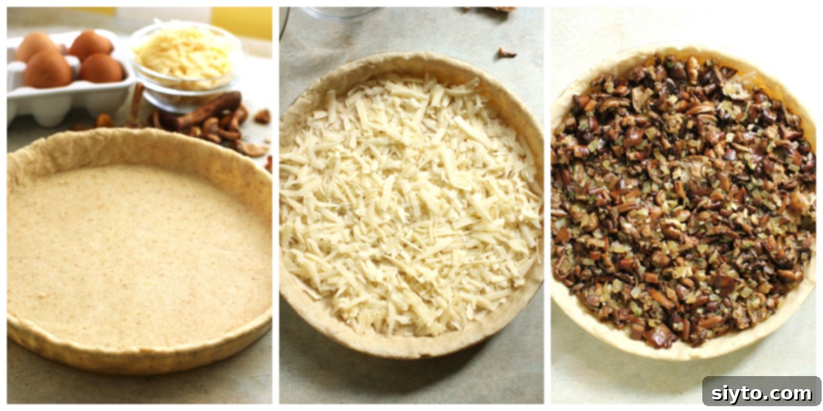 Foraged Fungi Quiche with a Gluten-Free Base 7 3 photo collage filling the quiche pan. First the crust, then the cheese, then the mushrooms.