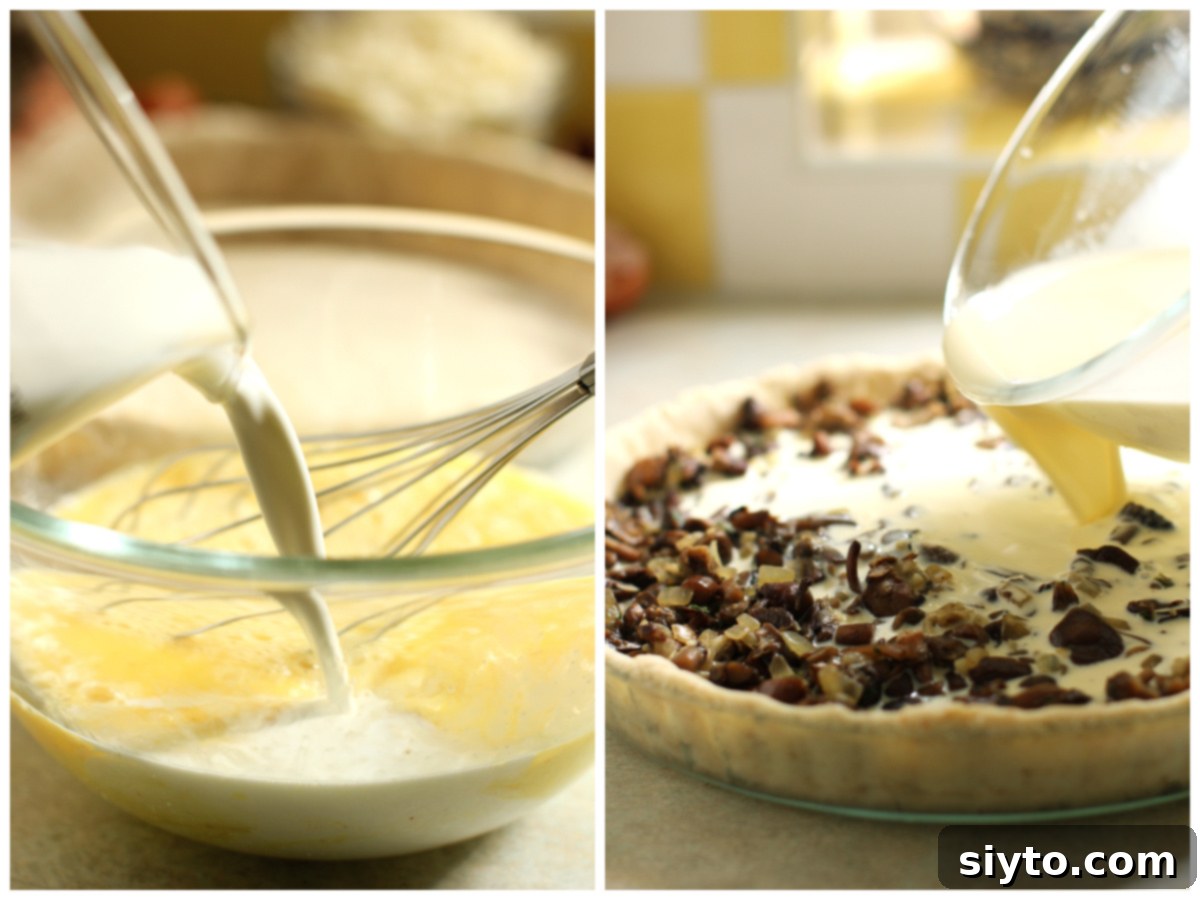 Foraged Fungi Quiche with a Gluten-Free Base 8 left: whisking the eggs and cream. right: pouring the egg mixture over the mushrooms in the pastry crust.