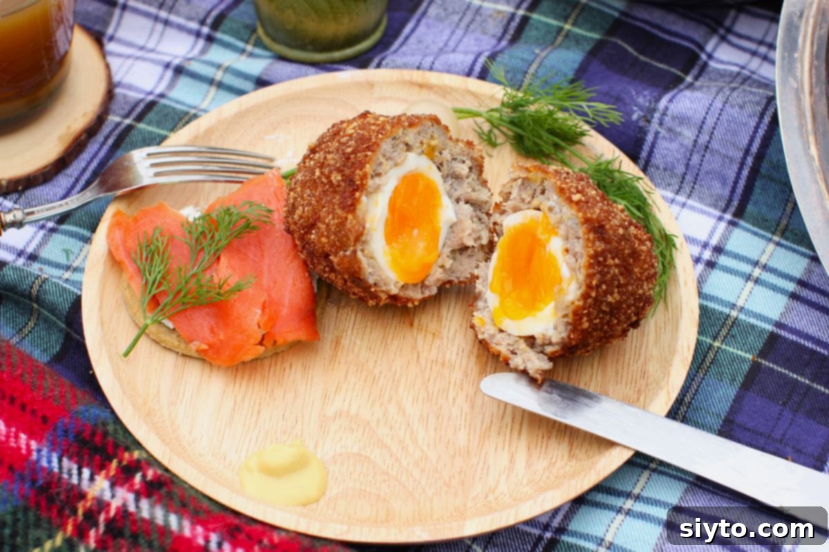 A Scotch egg on a wooden plate, cut in half and the yolk just gently oozing a bit.