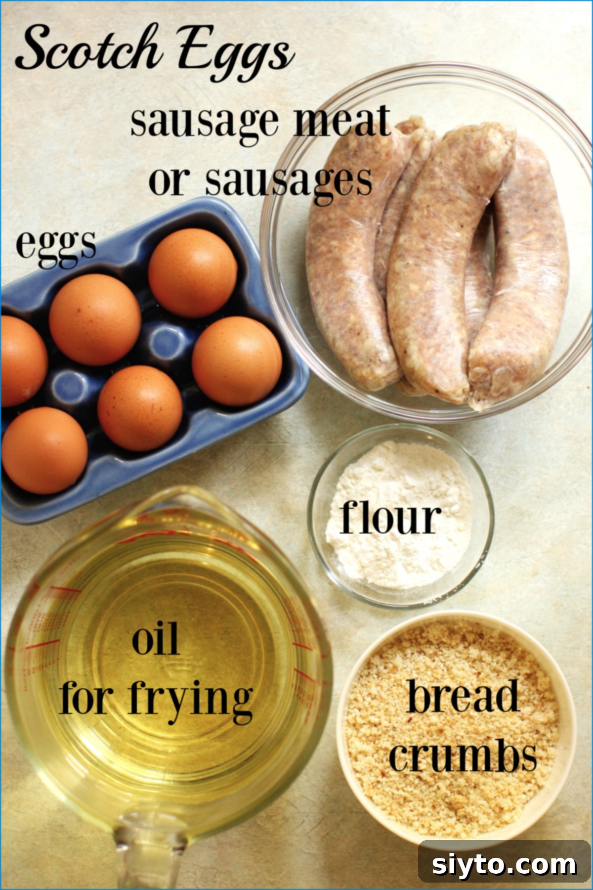Ingredients for Scotch Eggs, labeled.