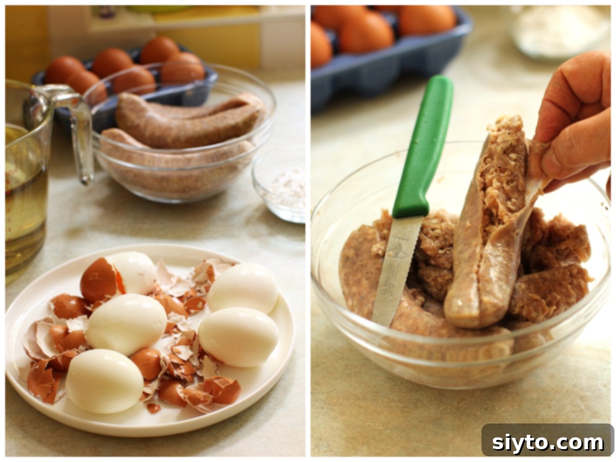 2 photo collage of peeling boiled eggs and removing sausage casing from the links.