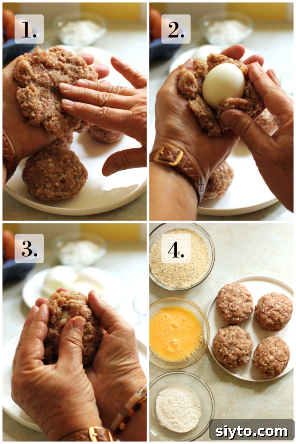 4 photo collage of wrapping Scotch Eggs in sausage meat.