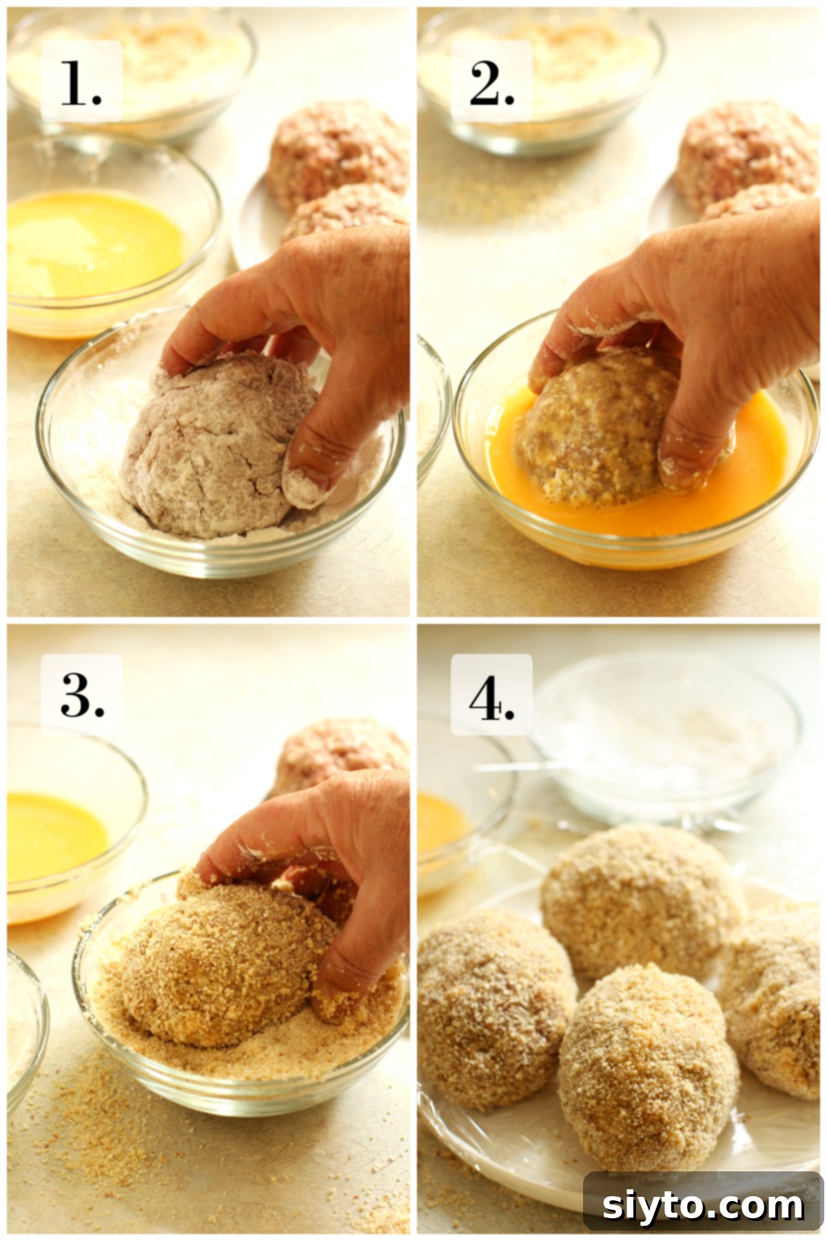 4 photo collage or breading Scotch Eggs.
