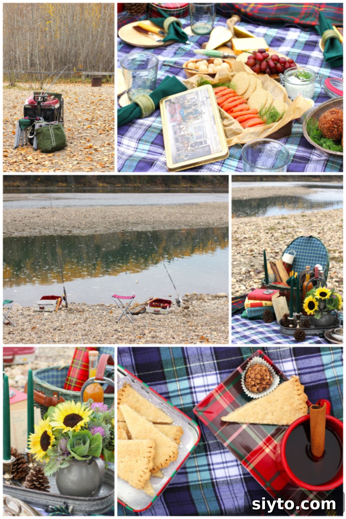 Collage of photos of Scottish picnic by the river.