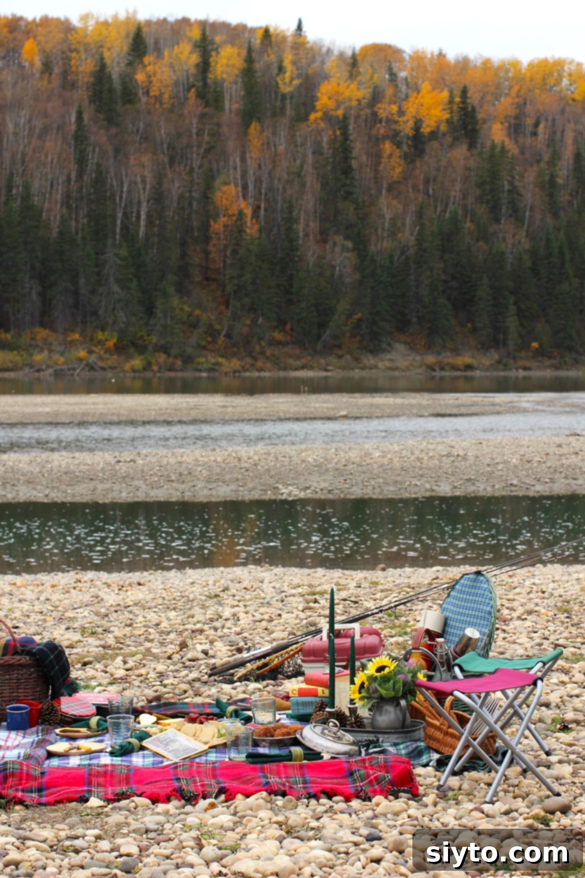 The Scottish themed picnic set up on the rocks of the river banks.