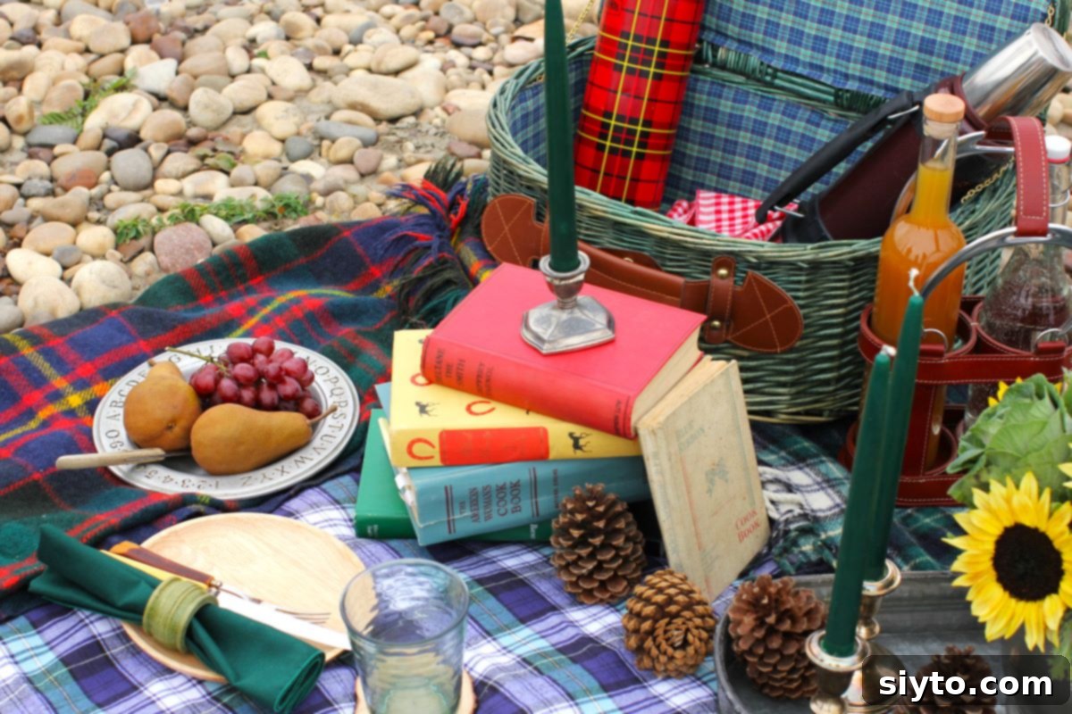 The picnic basket with a pile of old books.