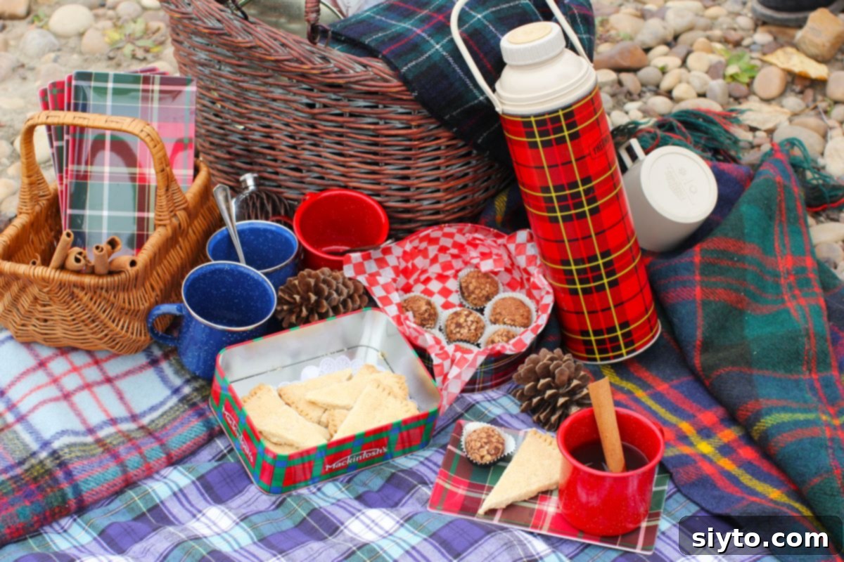 Dessert is laid on the blanket, a tin of shortbread, thermos of tea, and chocolate truffles.