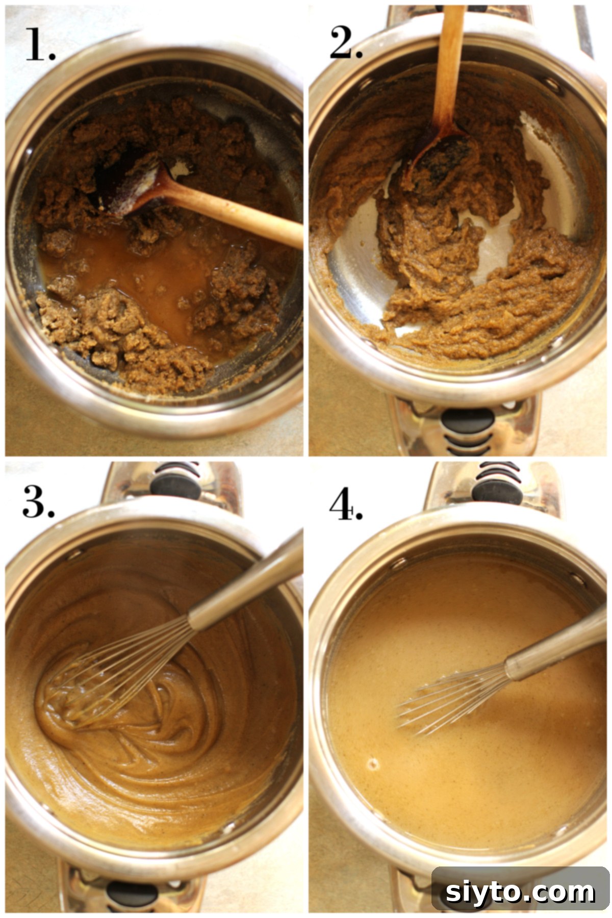 Apple Day From Press to Gravy Pot 11 4 photo collage of adding the liquid to the roux and stirring it until smooth.