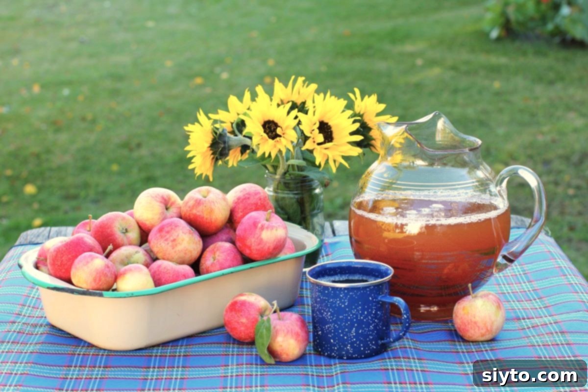Apple Day From Press to Gravy Pot 7 A bowl of apples, jar of sunflowers, jug of apple cider, and a blue tin mug out on the picnic table.