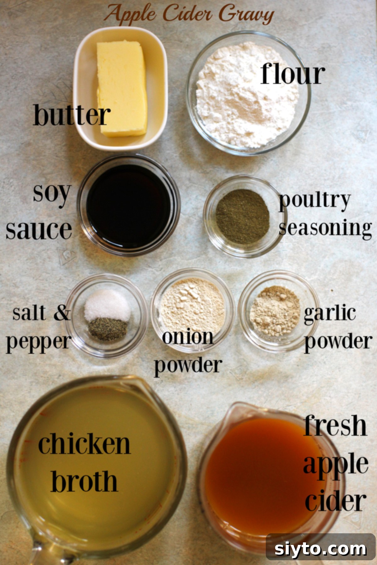 Apple Day From Press to Gravy Pot 8 Ingredients for Apple Cider Gravy, labeled.