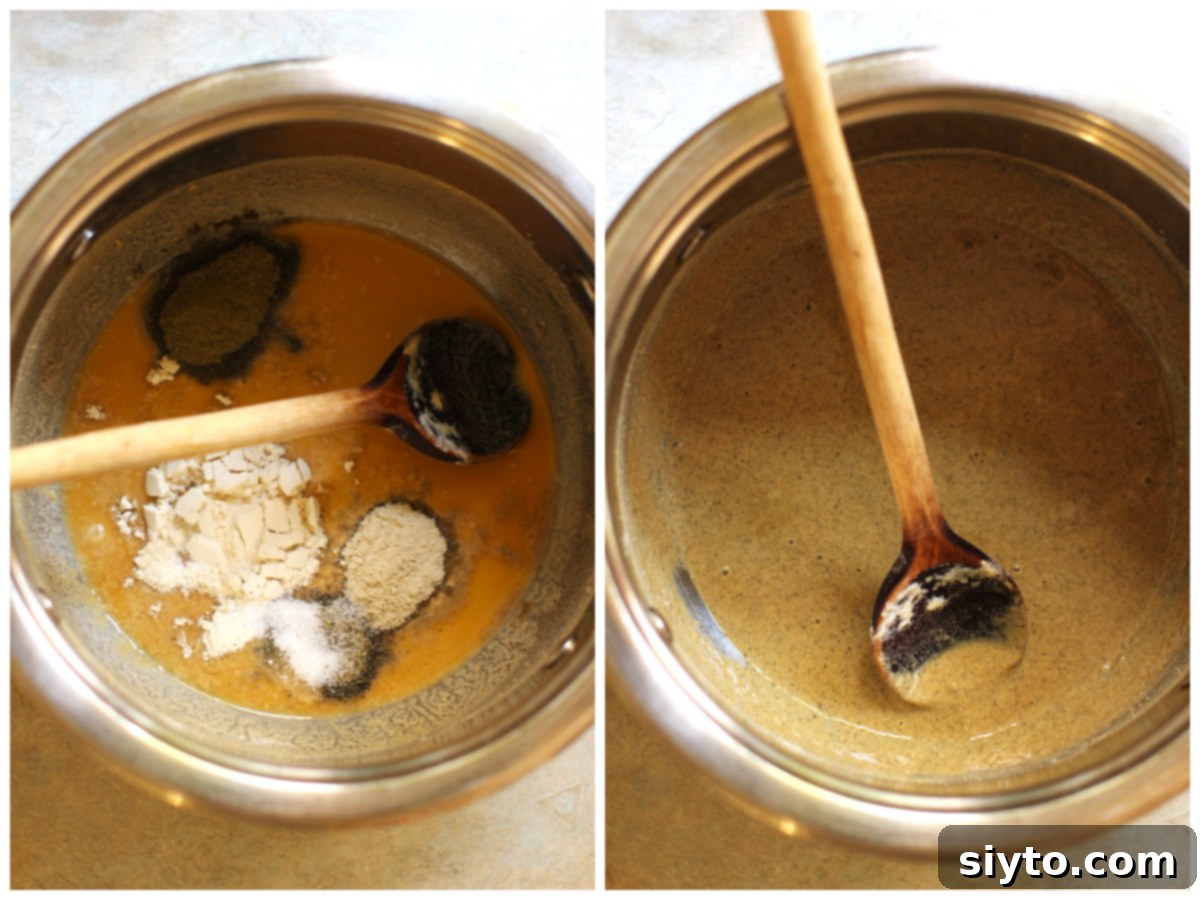 Apple Day From Press to Gravy Pot 10 The apple cider gravy in a saucepan with the spices spooned in, then stirred in.