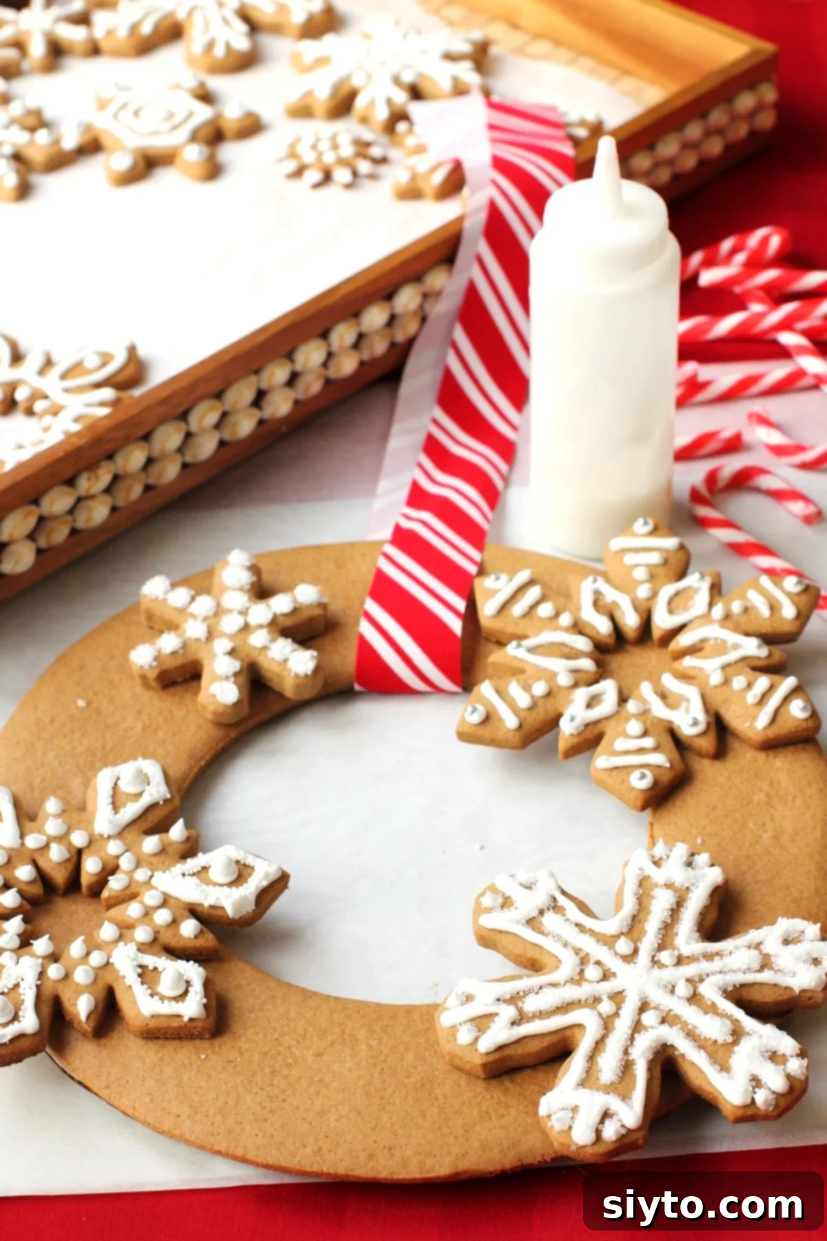 Attaching the striped red and white ribbon and first cookies on the gingerbread wreath base, beginning the assembly process.