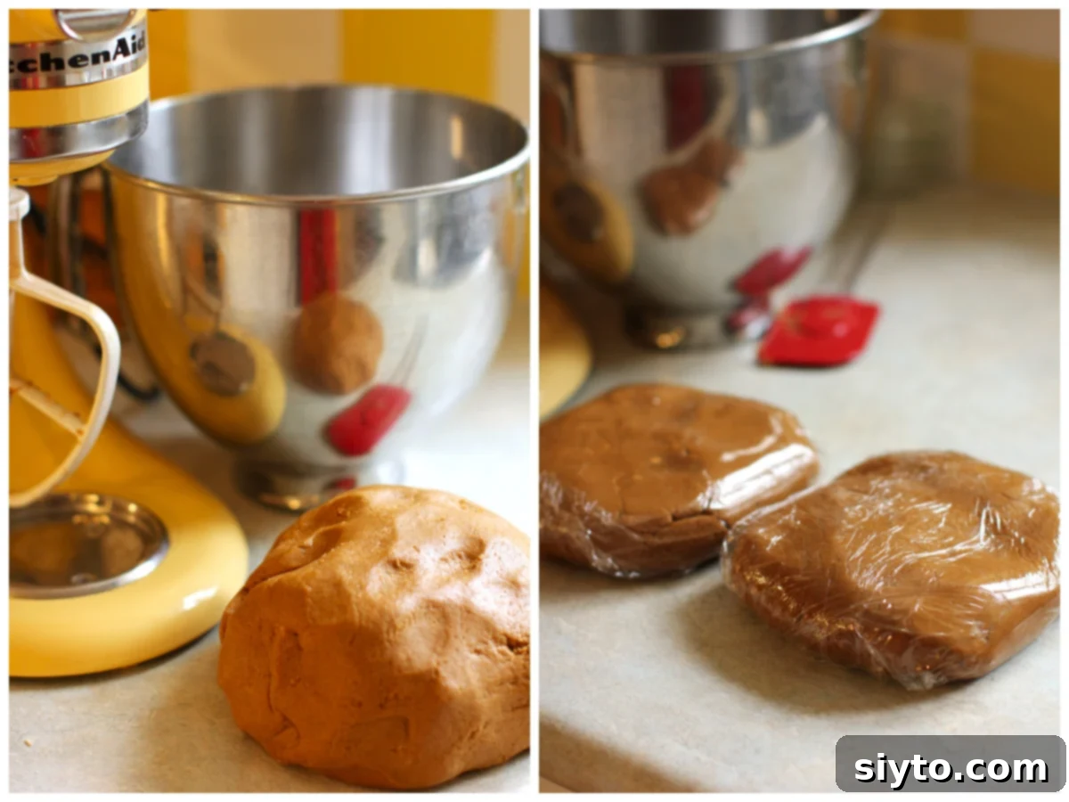 Two photo collage of ball of gingerbread cookie dough by mixer, and two balls of dough wrapped in plastic food wrap, ready for chilling.