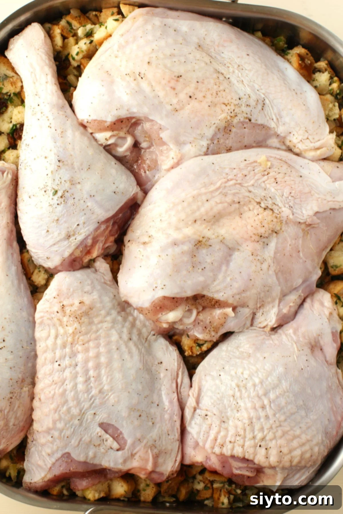 Raw turkey pieces, glistening with oil and seasoning, neatly arranged in a single layer over a bed of stuffing in a roasting pan, ready to be placed in the oven.
