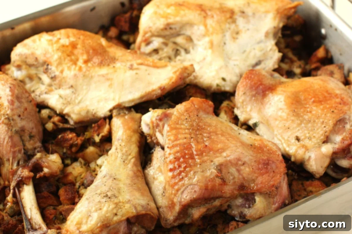 A large roasting pan filled with golden-brown, perfectly roasted turkey pieces nestled atop a generous layer of savory stuffing, just out of the oven.