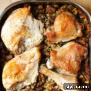 Roast Turkey and Stuffing Casserole thumbnail image showing browned turkey pieces over golden stuffing in a roasting pan.