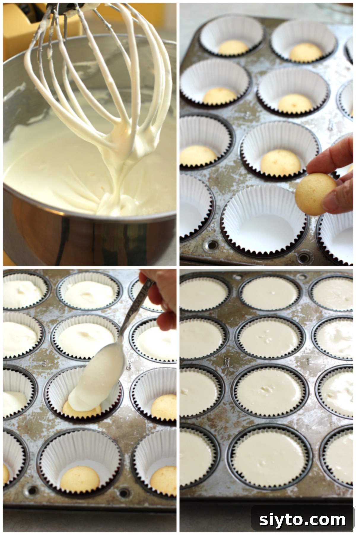 A four-photo collage illustrating the process of making cheesecake cupcakes: whisking the batter, placing vanilla wafers in liners, spooning in filling, and gently shaking the pan to level.
