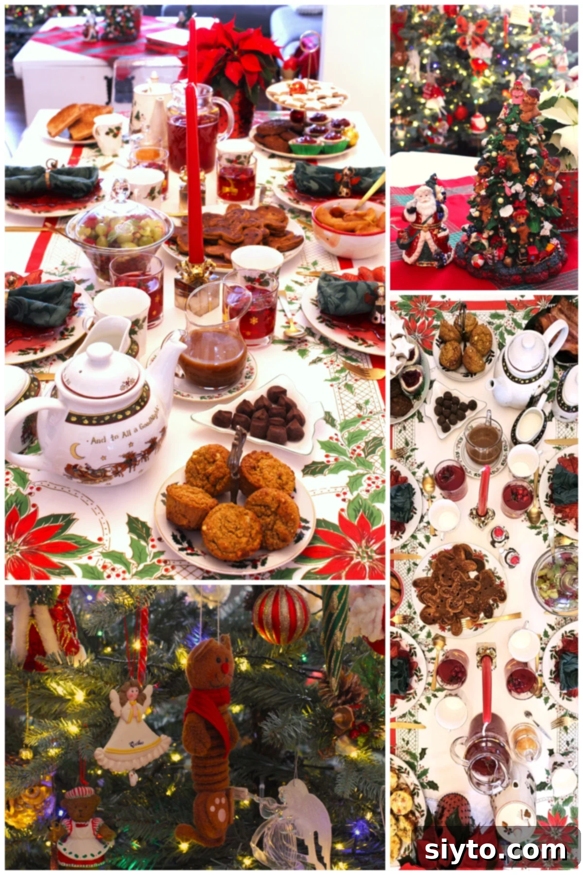 A four-photo collage showcasing a beautifully adorned festive brunch table setting, featuring holiday-themed plates, cutlery, and decorations, hinting at a lavish meal.