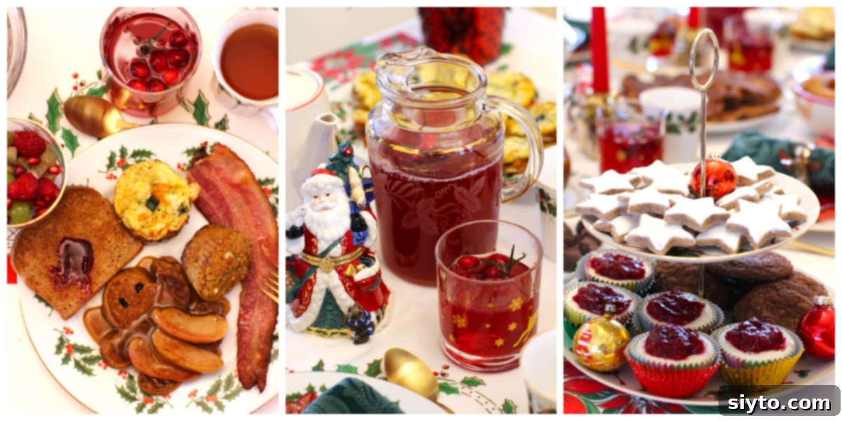 A three-photo collage showcasing various delectable dishes from the holiday brunch meal, including a plate of deliciousness, cranberry apple cider, and a dessert tray.