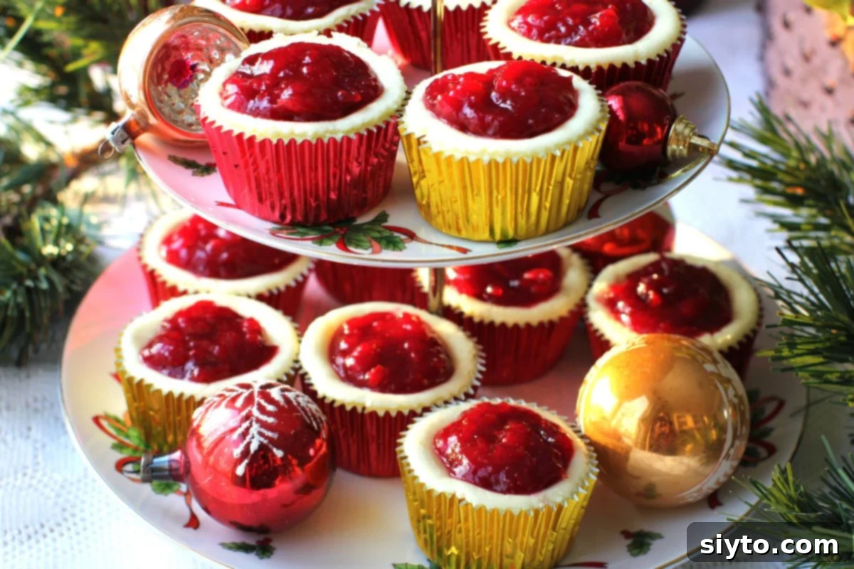 Horizontal view of a two-tiered serving plate filled with elegant Cheesecake Cupcakes, each topped with vibrant cranberry orange compote, ready for guests.