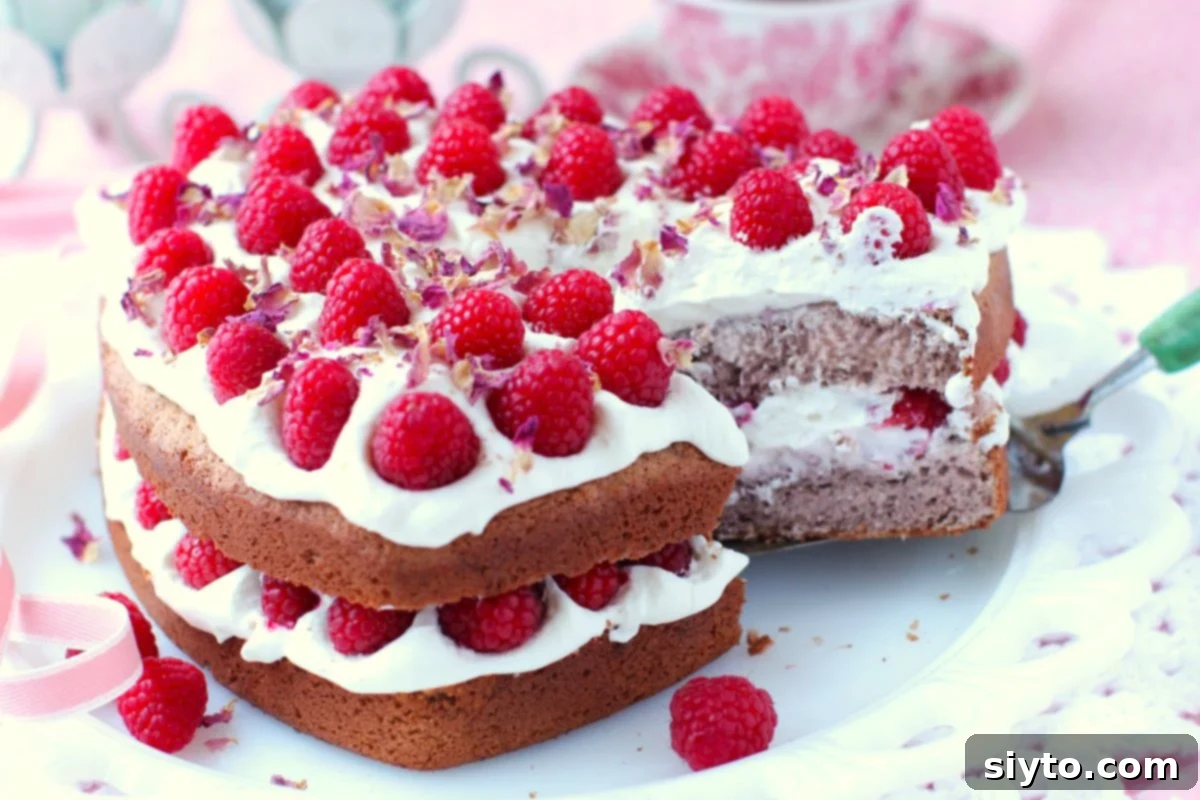 A server lifting a perfect slice of Raspberry Rose Heart Cake, revealing the distinct layers of pink sponge, white whipped cream, and fresh raspberries, against the backdrop of the remaining cake.