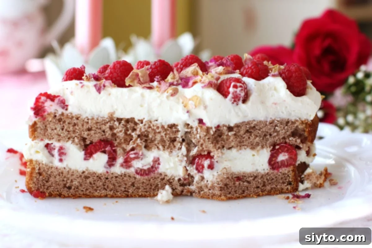 A Raspberry Rose Heart Cake cut in half, showcasing the perfectly stable layers of pink sponge, thick whipped cream, and abundant fresh raspberries. The caption indicates the stability achieved with gelatin.